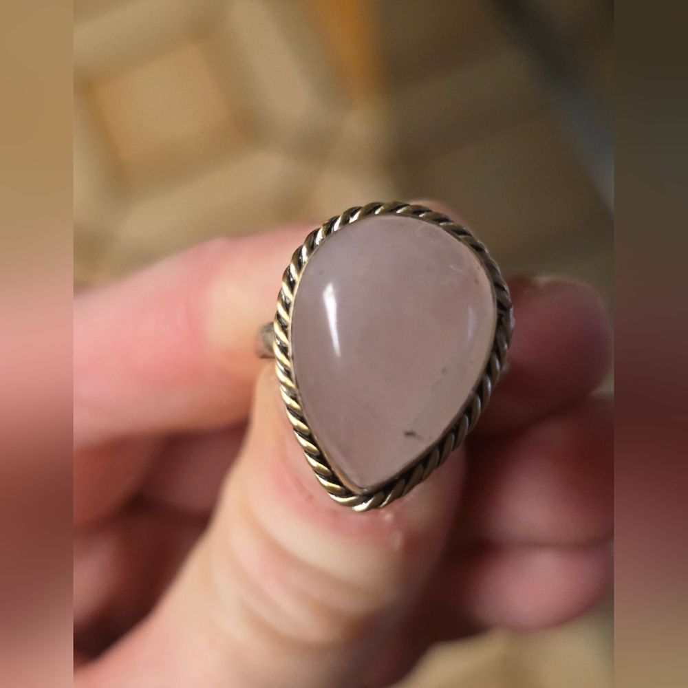 Rose Quartz Teardrop Statement Ring - Hand Made VINTAGE. .925 Stamped.